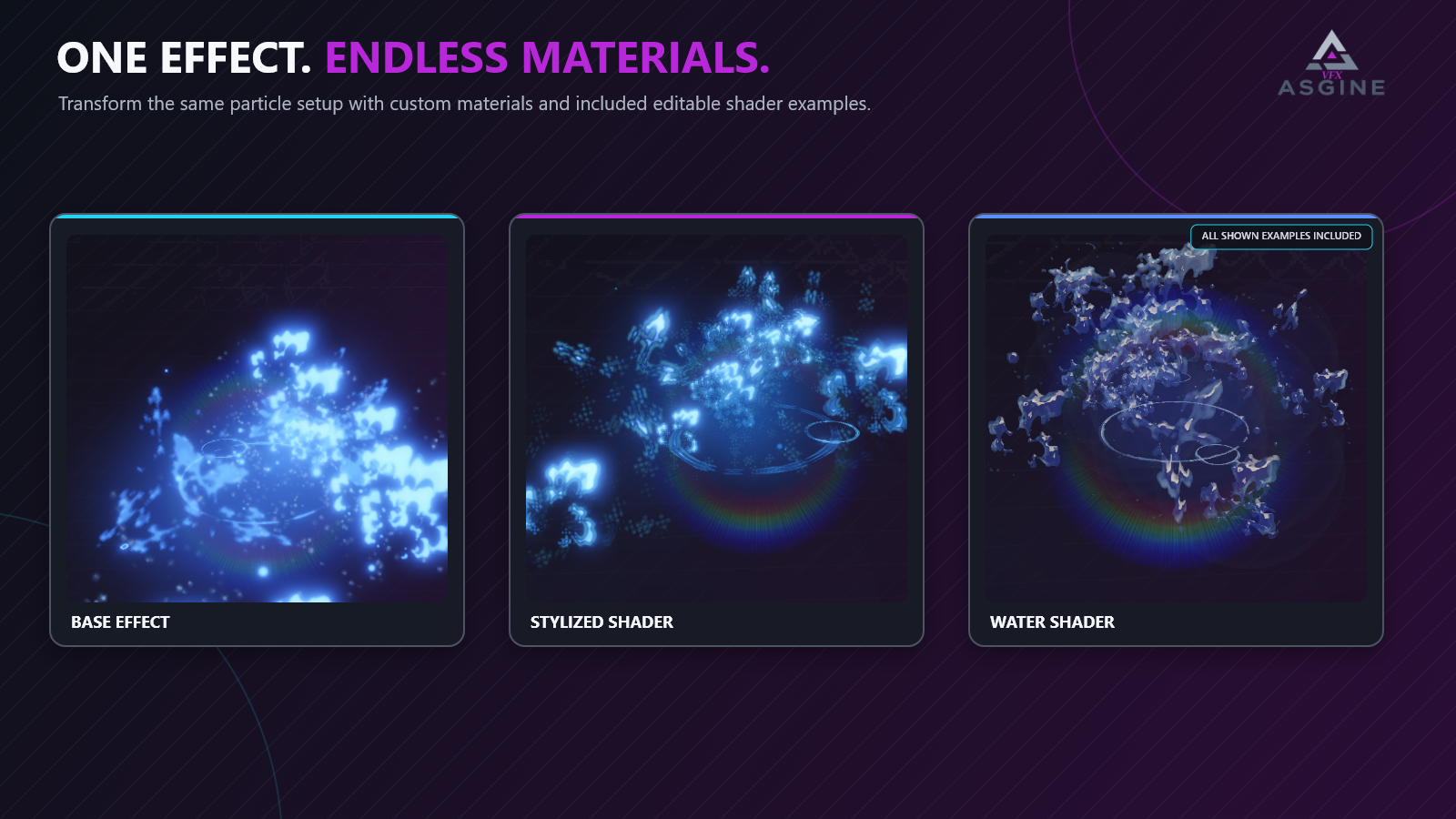 One water effect shown with its base, stylized and water shader materials
